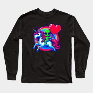 Funny Valentine Day Believer Ufo Alien Riding Unicorn Long Sleeve T-Shirt